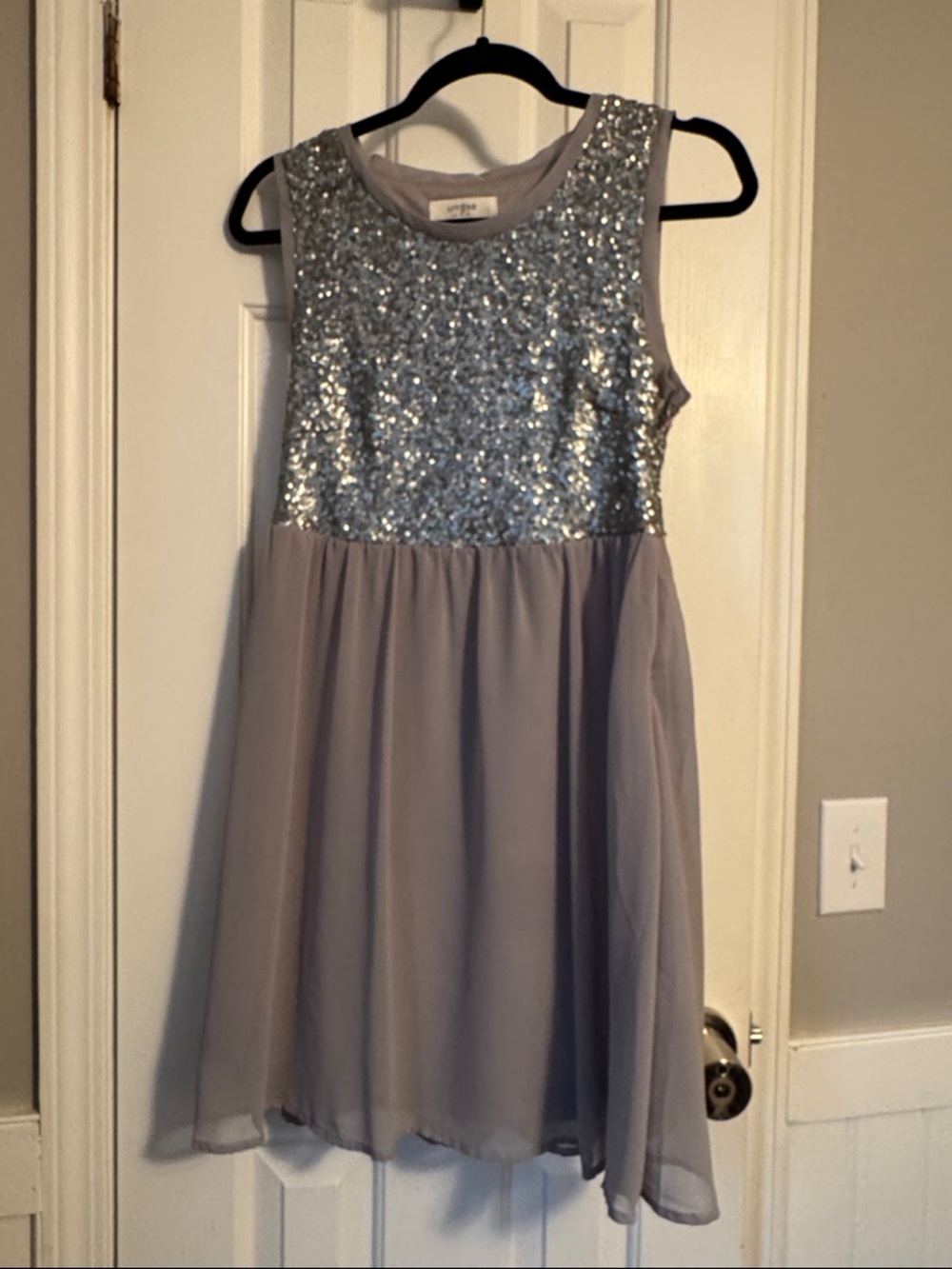 Umgee Silver Sequin Bodice Gray Chiffon Dress